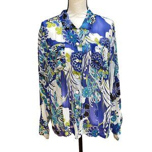 CHICO’S Vintage Silk Chiffon Long Sleeve Top Blouse Blue Green White Sz 3 NWOT